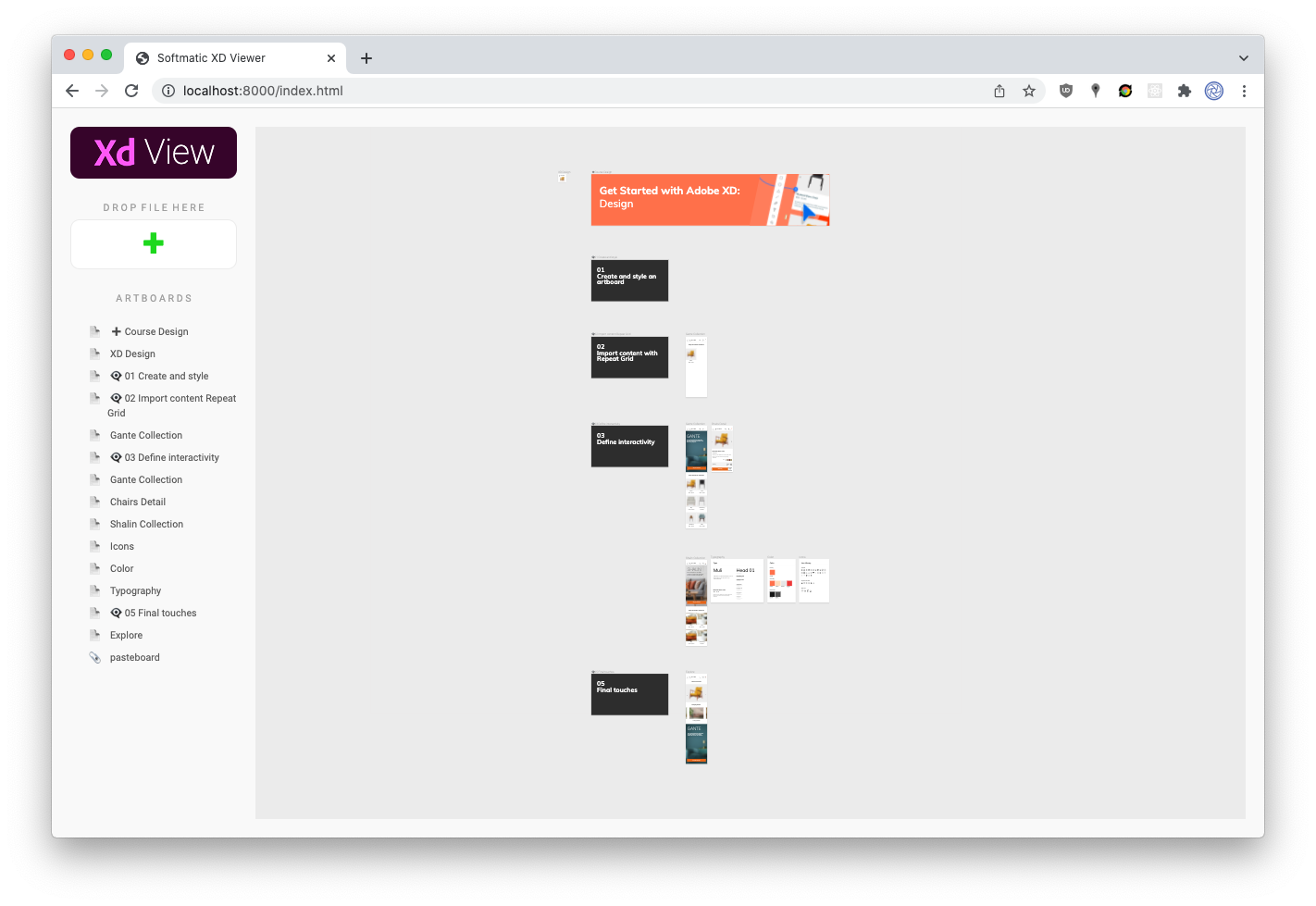 Screenshot: Adobe XD Sample File Rendered with the Softmatic XD Viewer